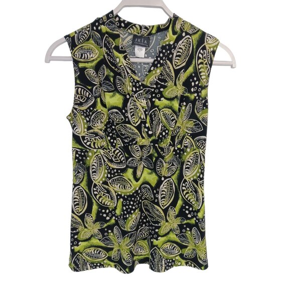 JKLA Tops - JKLA- Sleeveless Tank Stretch Light Faux Wrap collar-Lime Green-Black-Cream